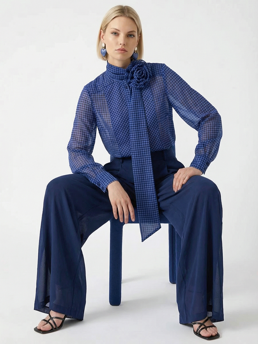 Блузка из органзы в клетку OD-984-1 фиолетовый с черным