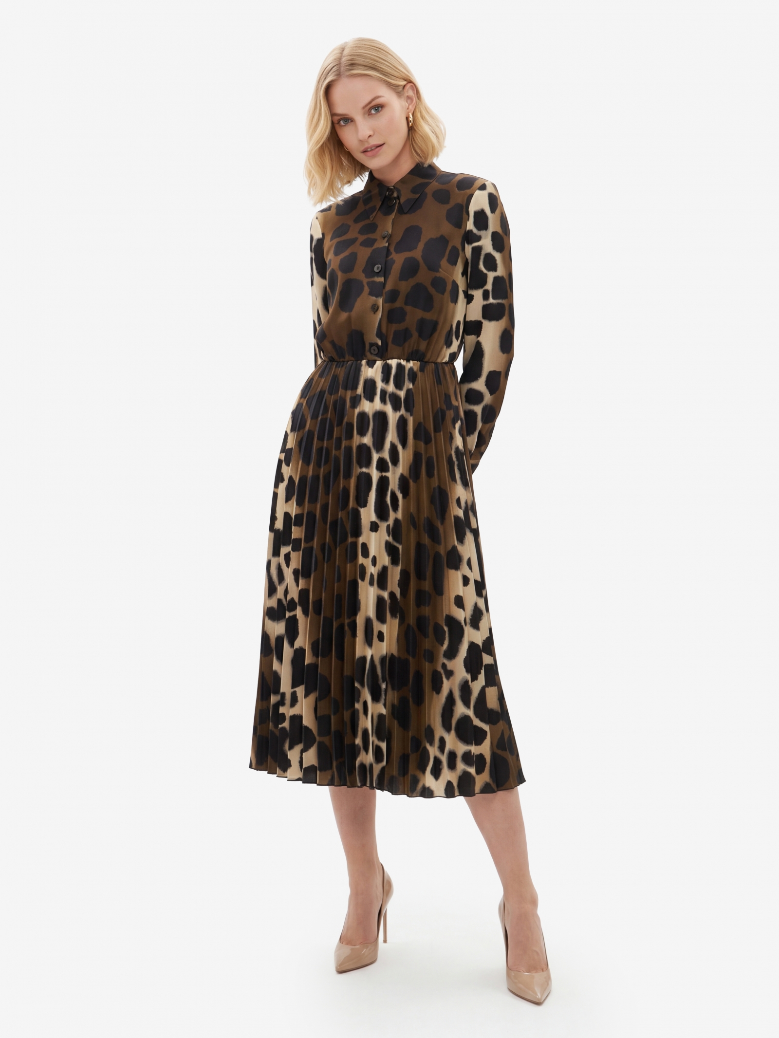 Платье с юбкой плиссе OD-883-1 леопард коричневый с хаки