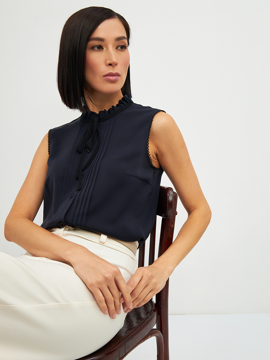 Блузка без рукавов с отделкой из тесьмы OD-973-2 т. синий