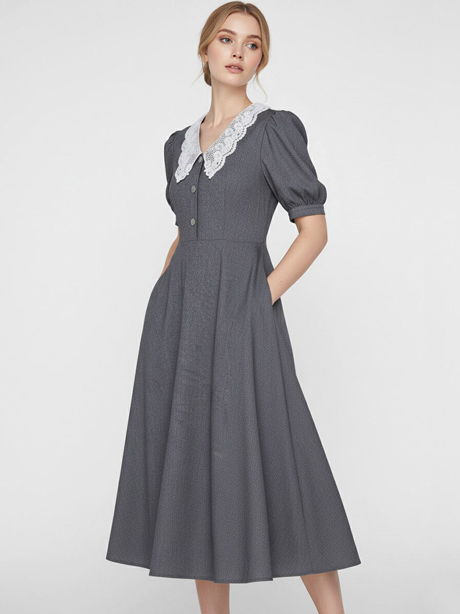 Платье миди с кружевным воротником OD-888-1, серый