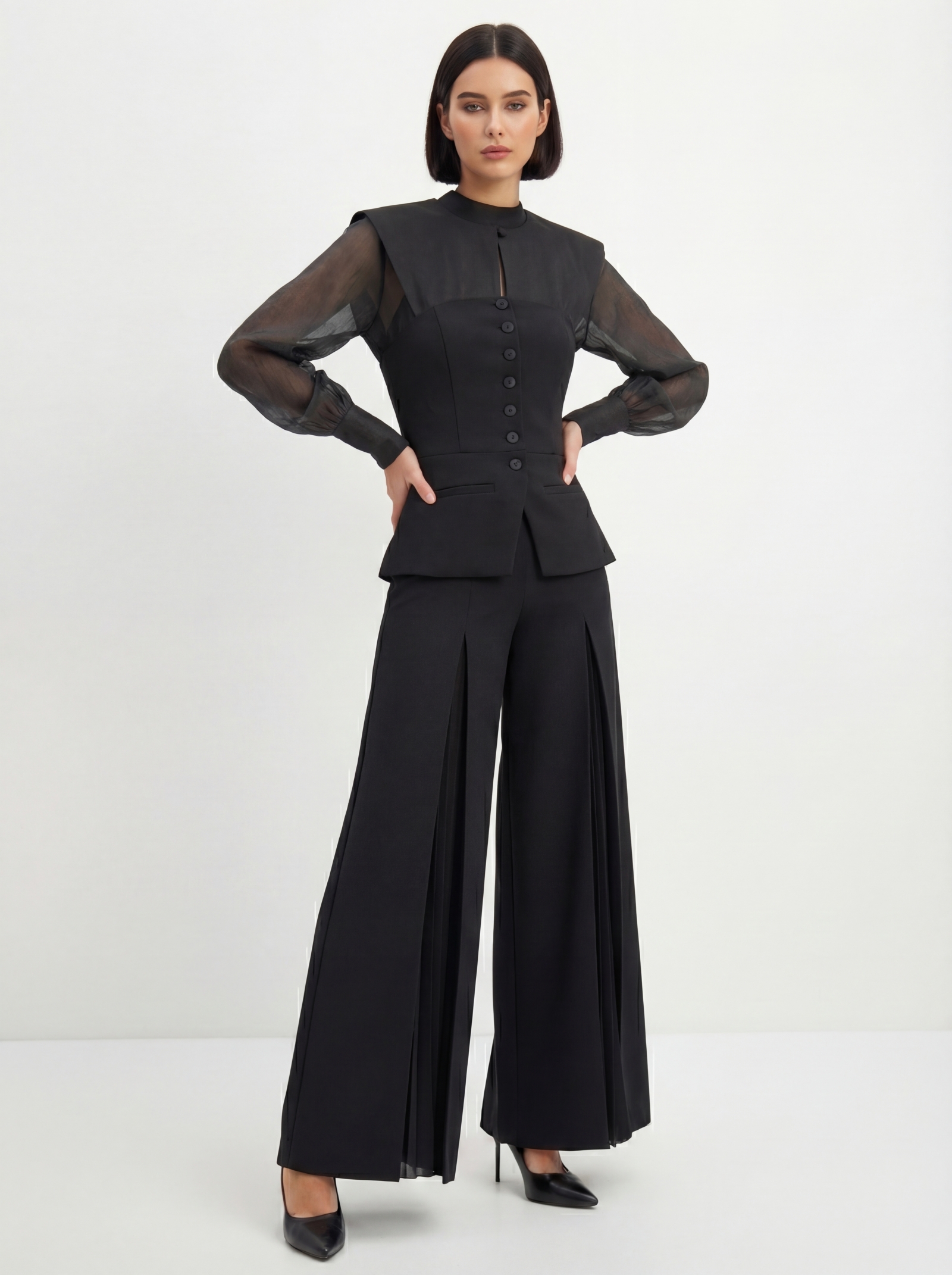 Блузка из органзы со съемным воротником OD-930-3 черный