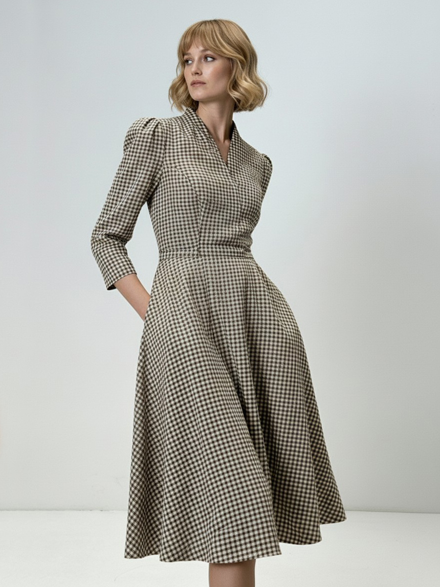 Платье с воротником стойка  OD-885-2 клетка сливочно-коричневая