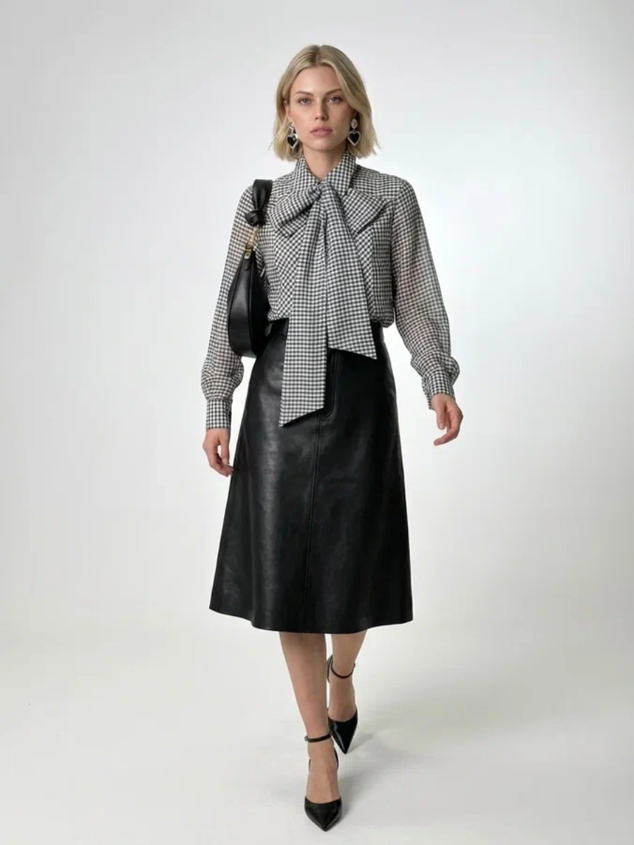 Блузка из органзы в клетку OD-984-2 коричневый с белым