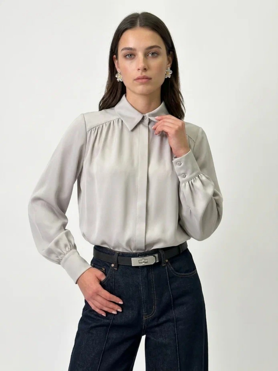 Блузка со сборкой и съемной пуговицей OD-971-2 серо-коричневый