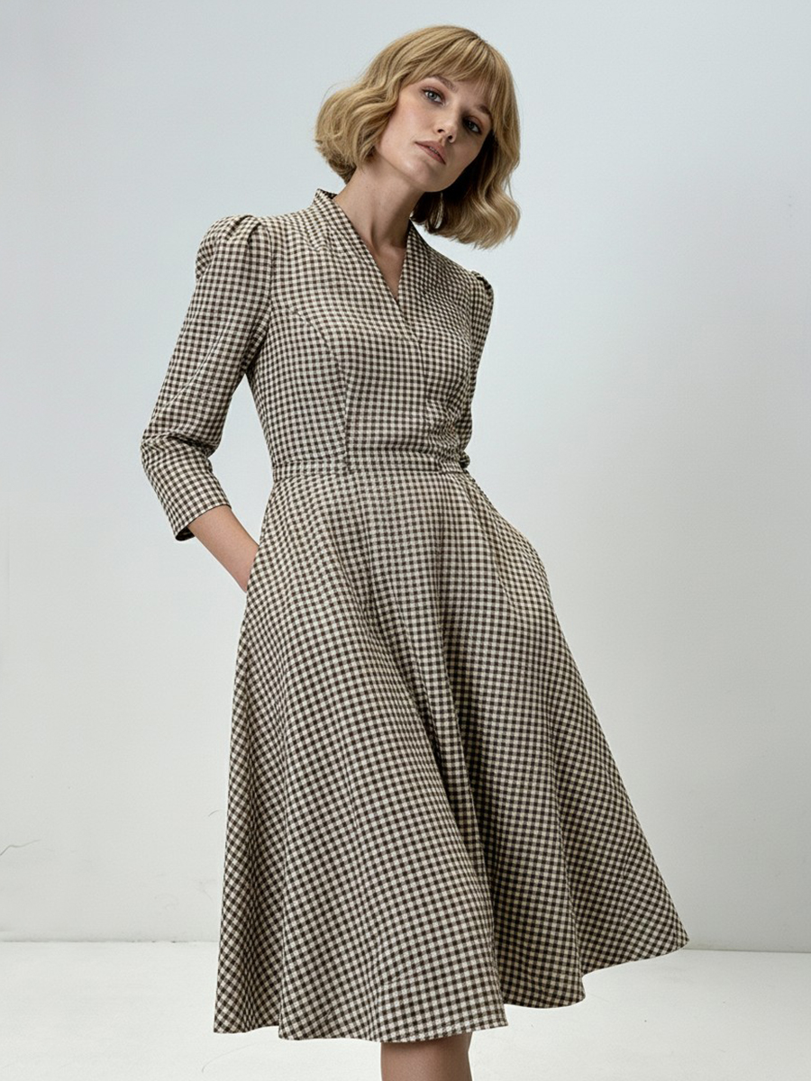 Платье с воротником стойка  OD-885-2 клетка сливочно-коричневая