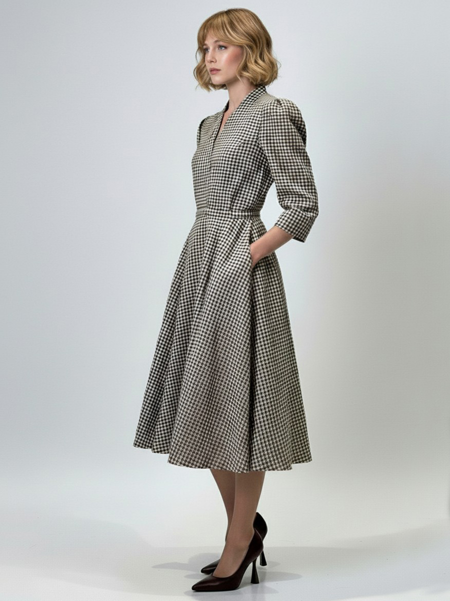 Платье с воротником стойка  OD-885-2 клетка сливочно-коричневая