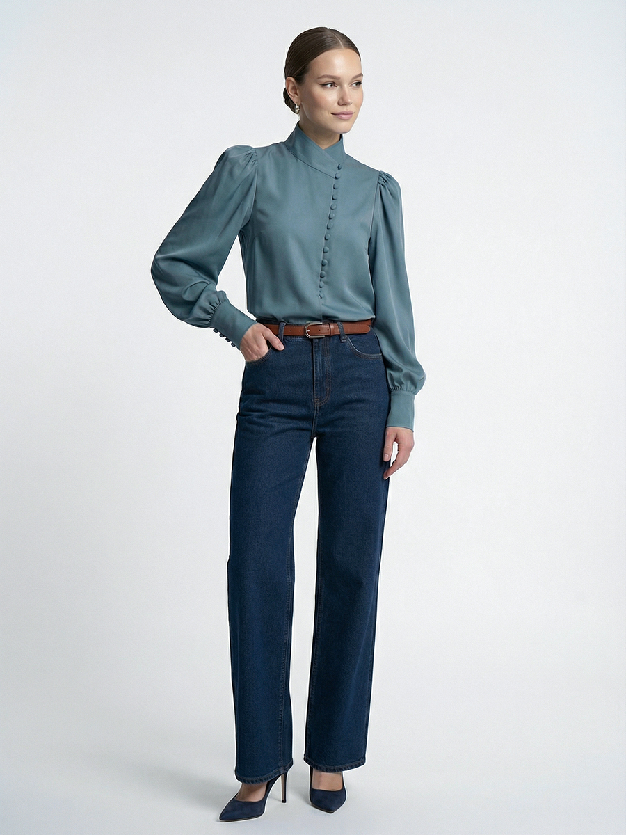 Блуза-косоворотка много пуговиц OD-550-14 серо-зеленый-голубой (морская волна)