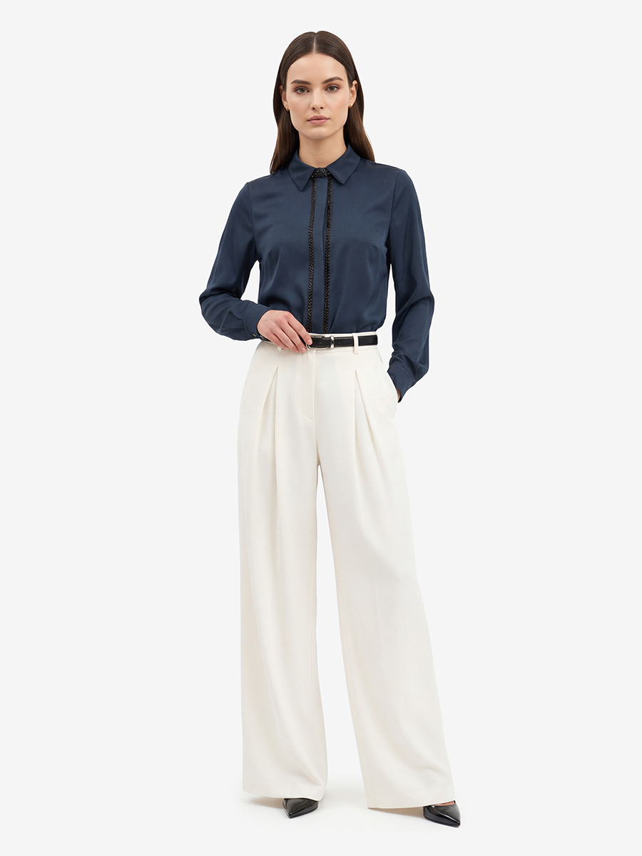 Блуза с узкой бисерной тесьмой OD-1016-1 темно-синий