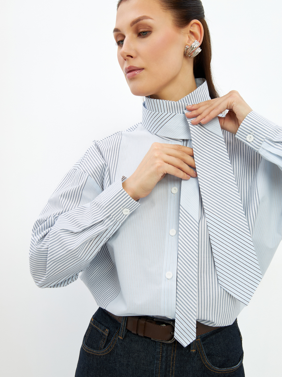 Рубашка полоса с галстуком OD-918-2 серо-голубая