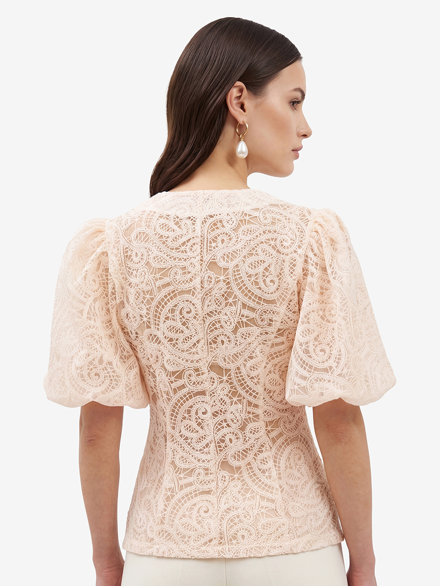 Блузка кружевная приталенная с объемным рукавом, лосось OD-1038-3