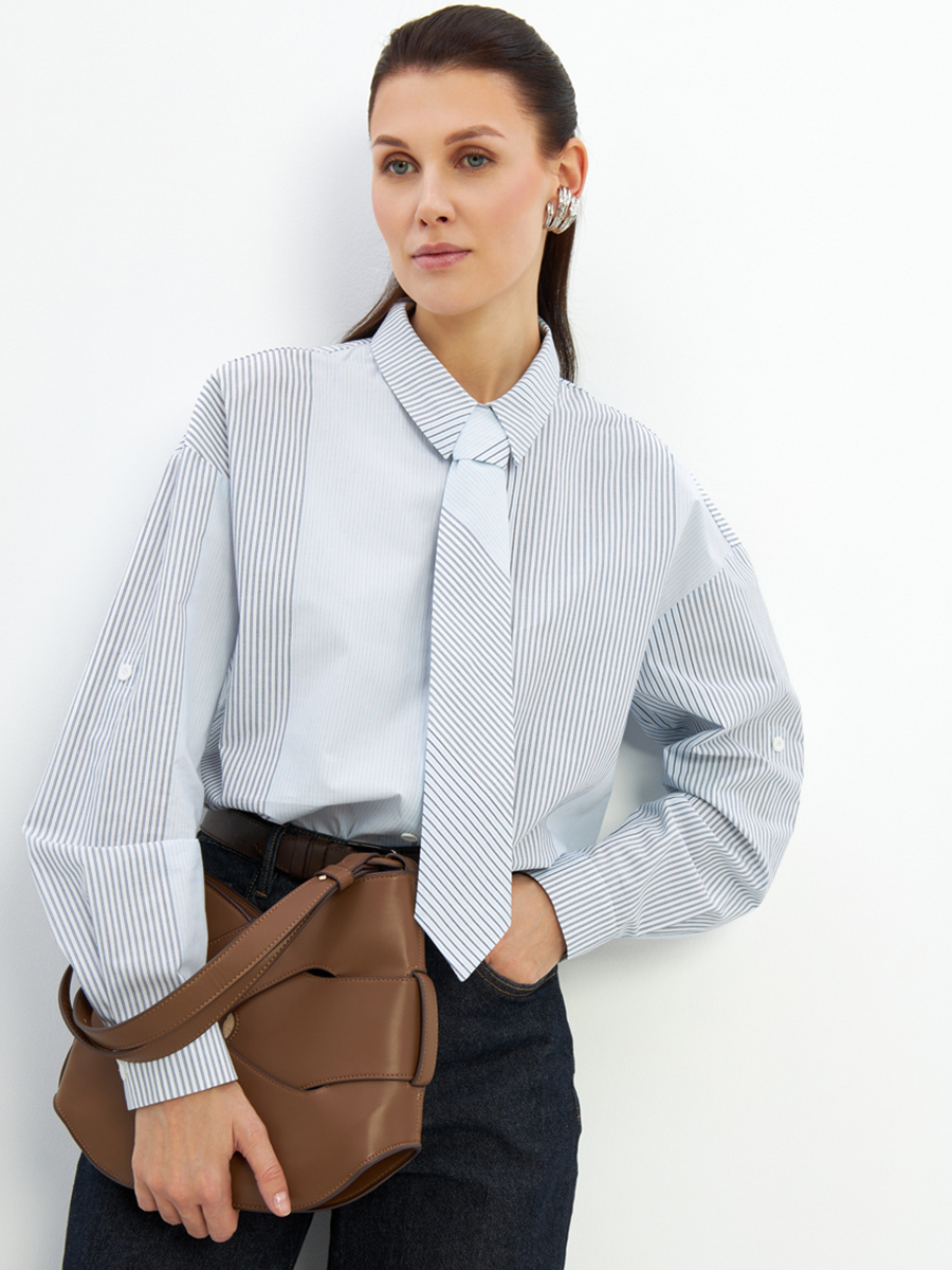 Рубашка полоса с галстуком OD-918-2 серо-голубая