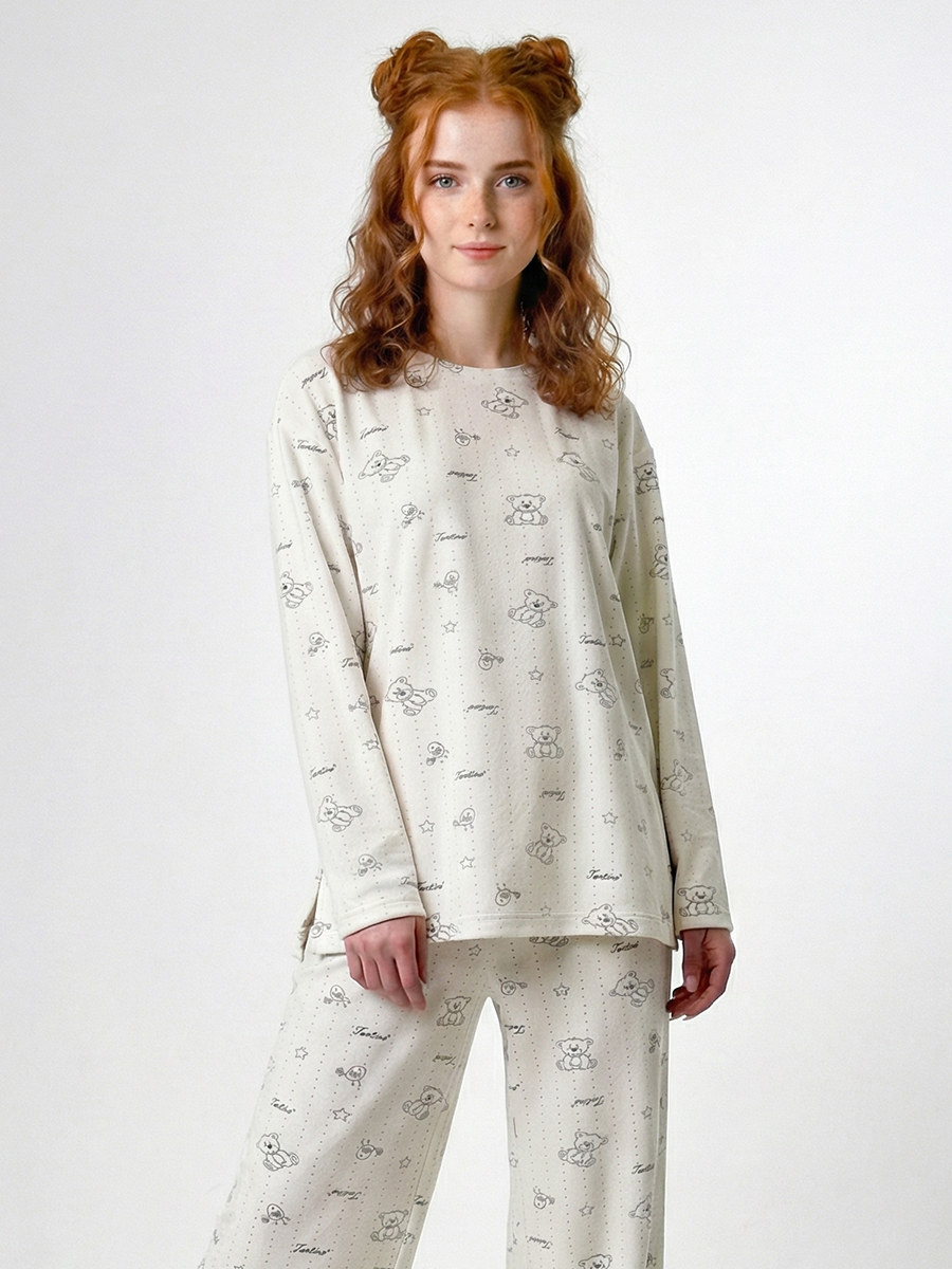 Пижама из велюра с принтом мишки с резинкой в комплекте OD-1009-3 молочный