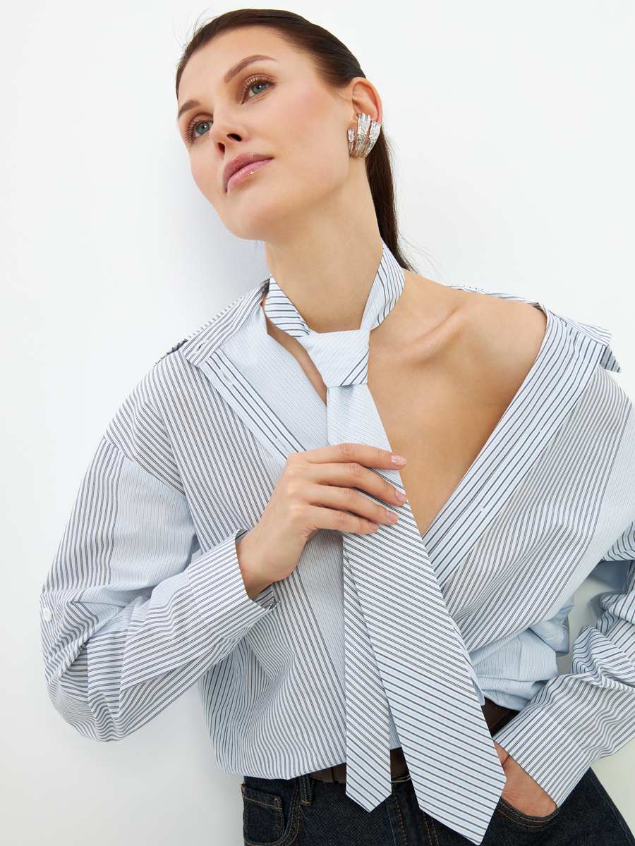 Рубашка полоса с галстуком OD-918-2 серо-голубая