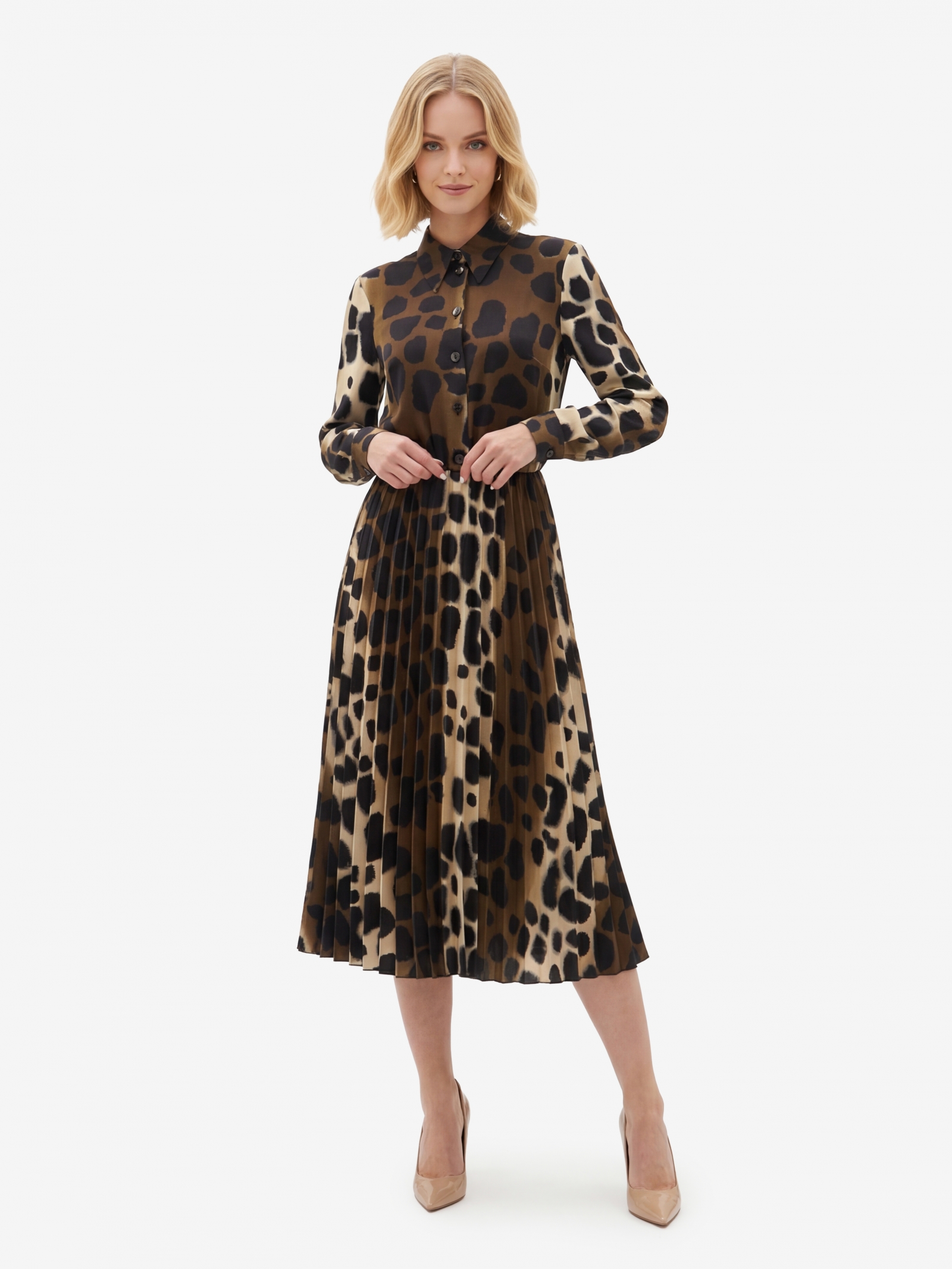 Платье с юбкой плиссе OD-883-1 леопард коричневый с хаки