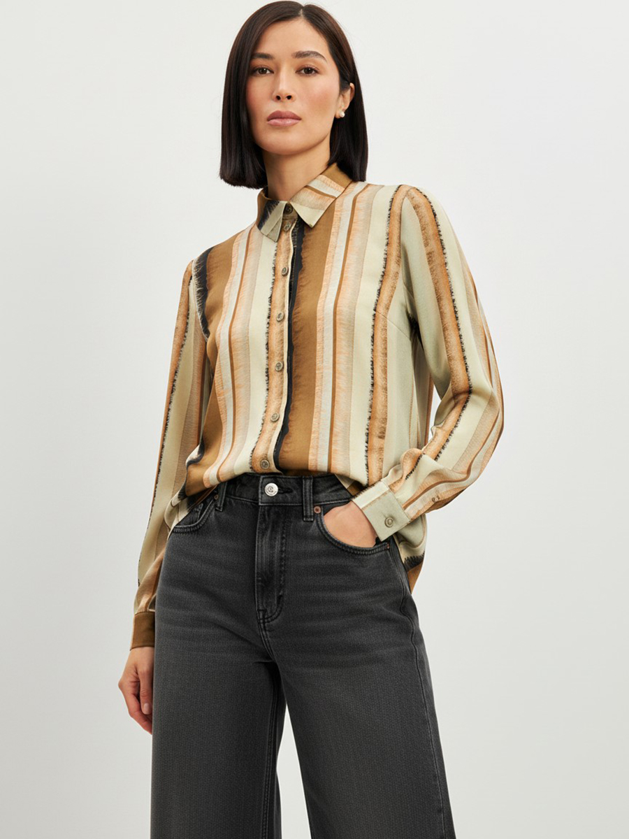 Блузка из атласной ткани OD-887-6 коричневый с серой полосой