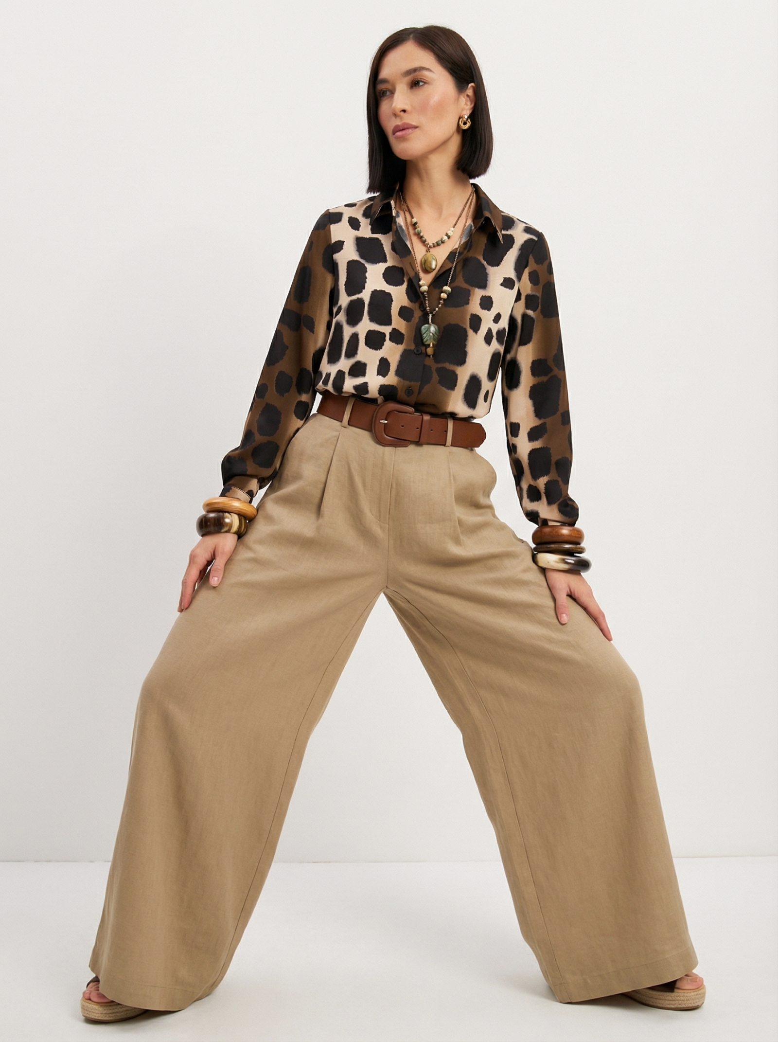 Блузка из атласной ткани OD-887-5 леопард коричневый с хаки