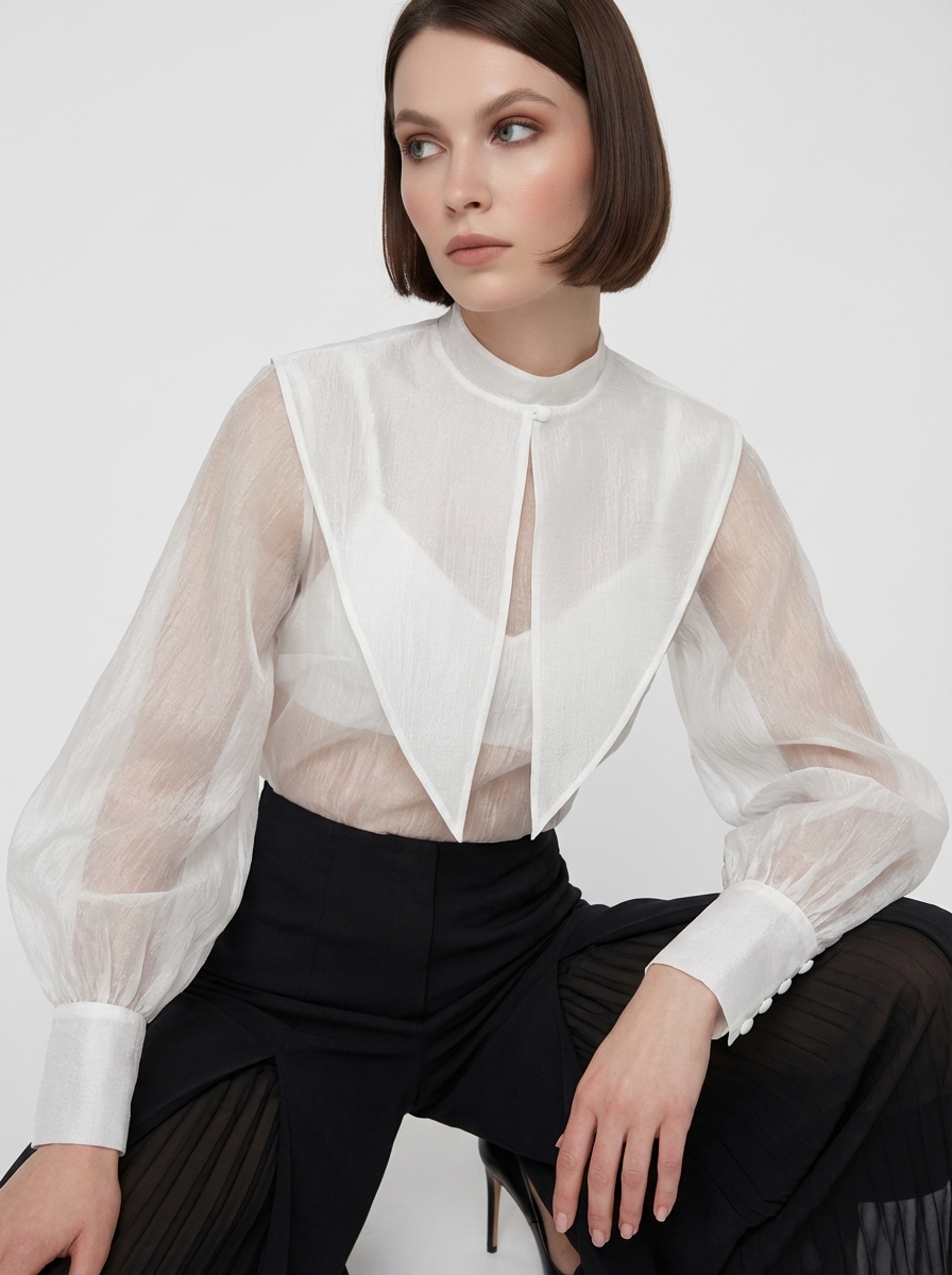 Блузка из органзы со съемным воротником OD-930-1 синий