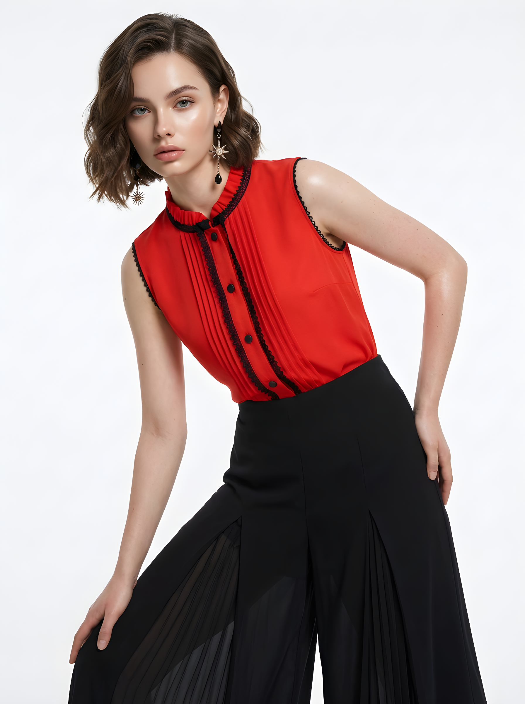 Блузка без рукавов с отделкой из тесьмы OD-973-3 красный