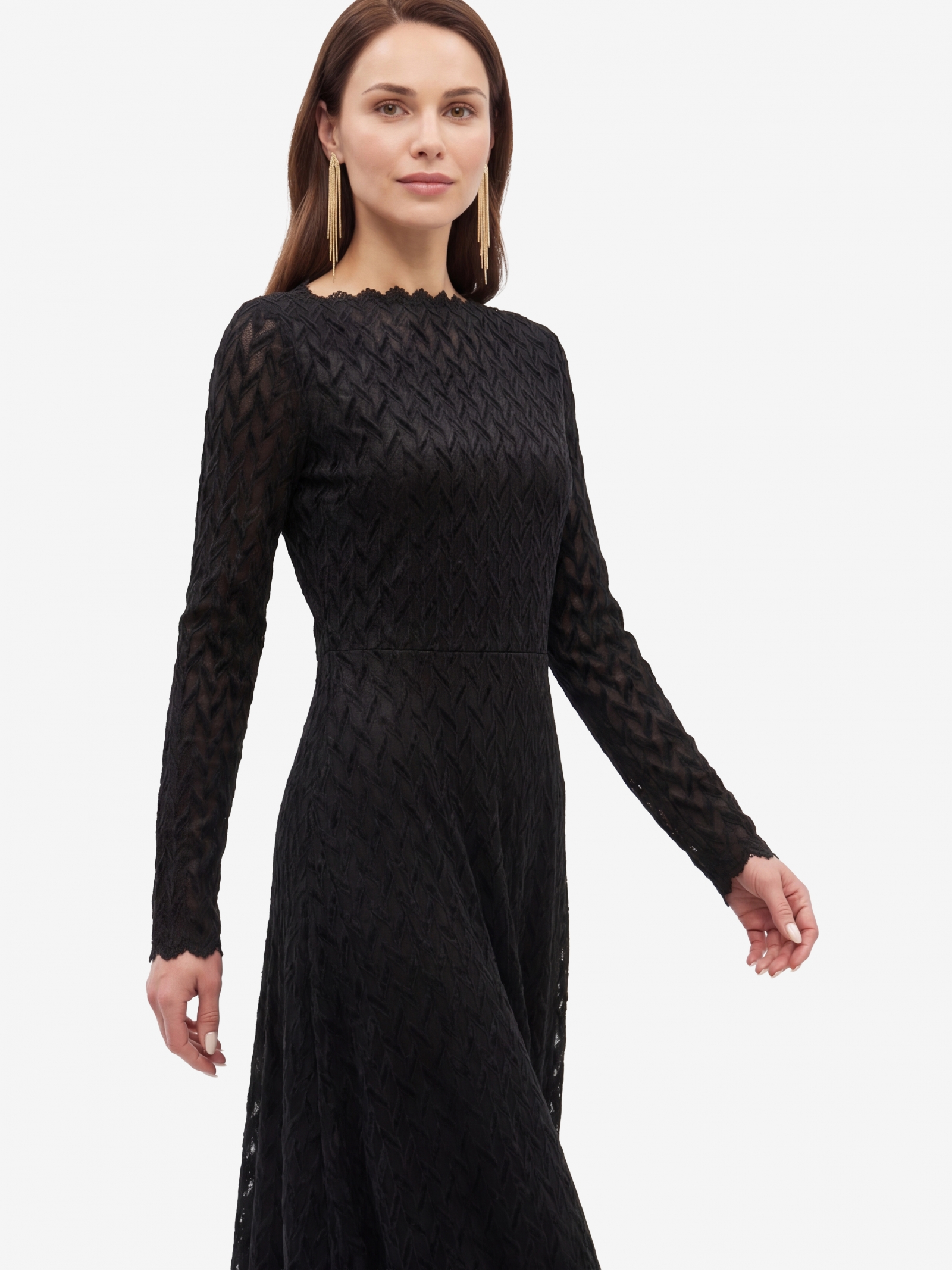 Платье из трикотажного кружева OD-904-3 черный с фестонами