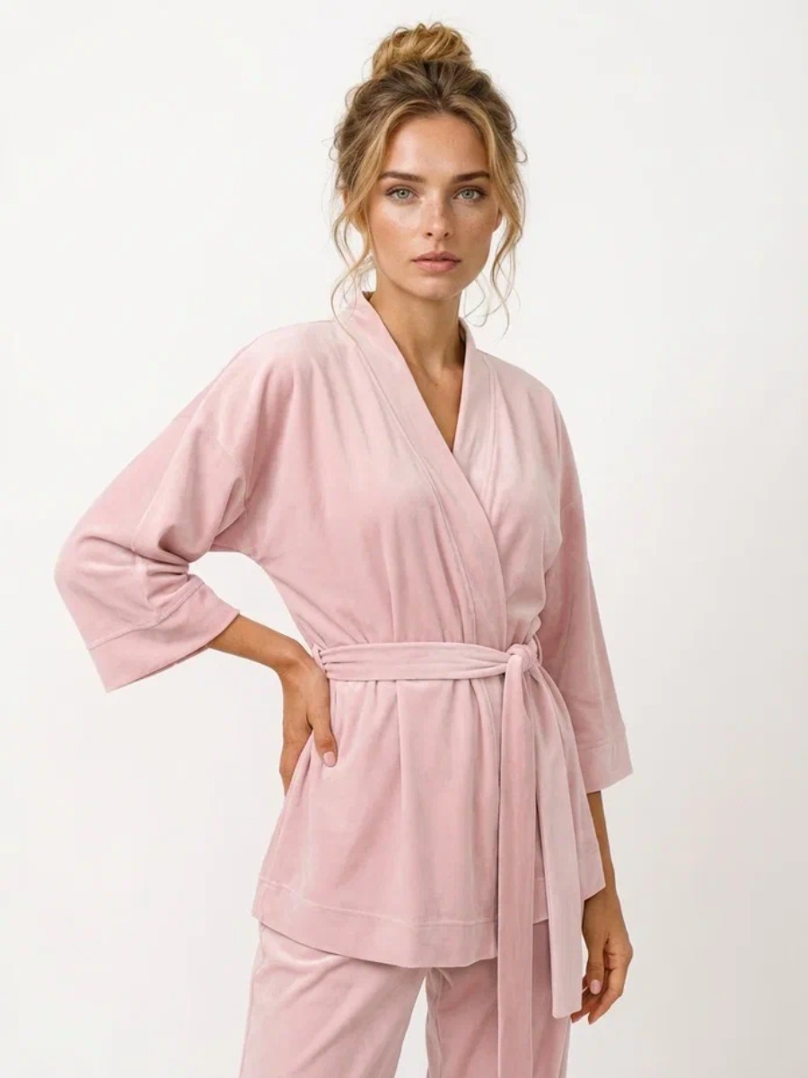 Пижама Кимоно+брюки из велюра OD-836-3 розовый