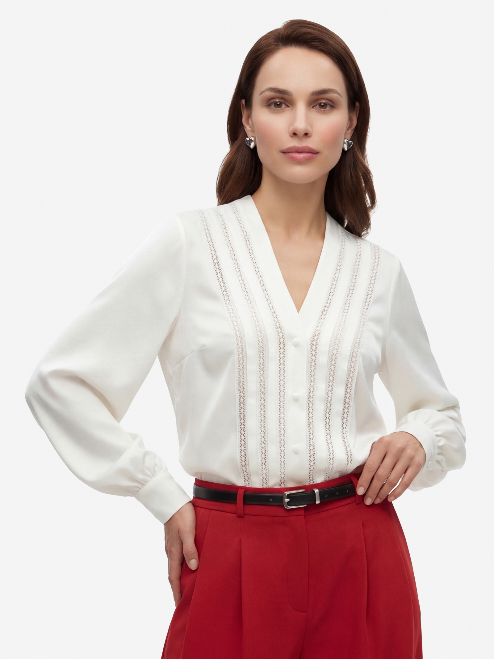 Блузка с V-образным вырезом и кружевом OD-1014-1 белый