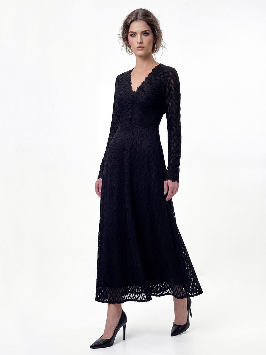 Платье из трикотажного кружева на подкладке с V-образным вырезом, черный, с фестонами