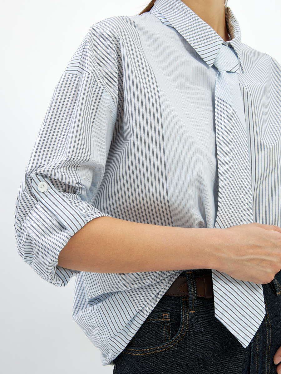 Рубашка полоса с галстуком OD-918-2 серо-голубая
