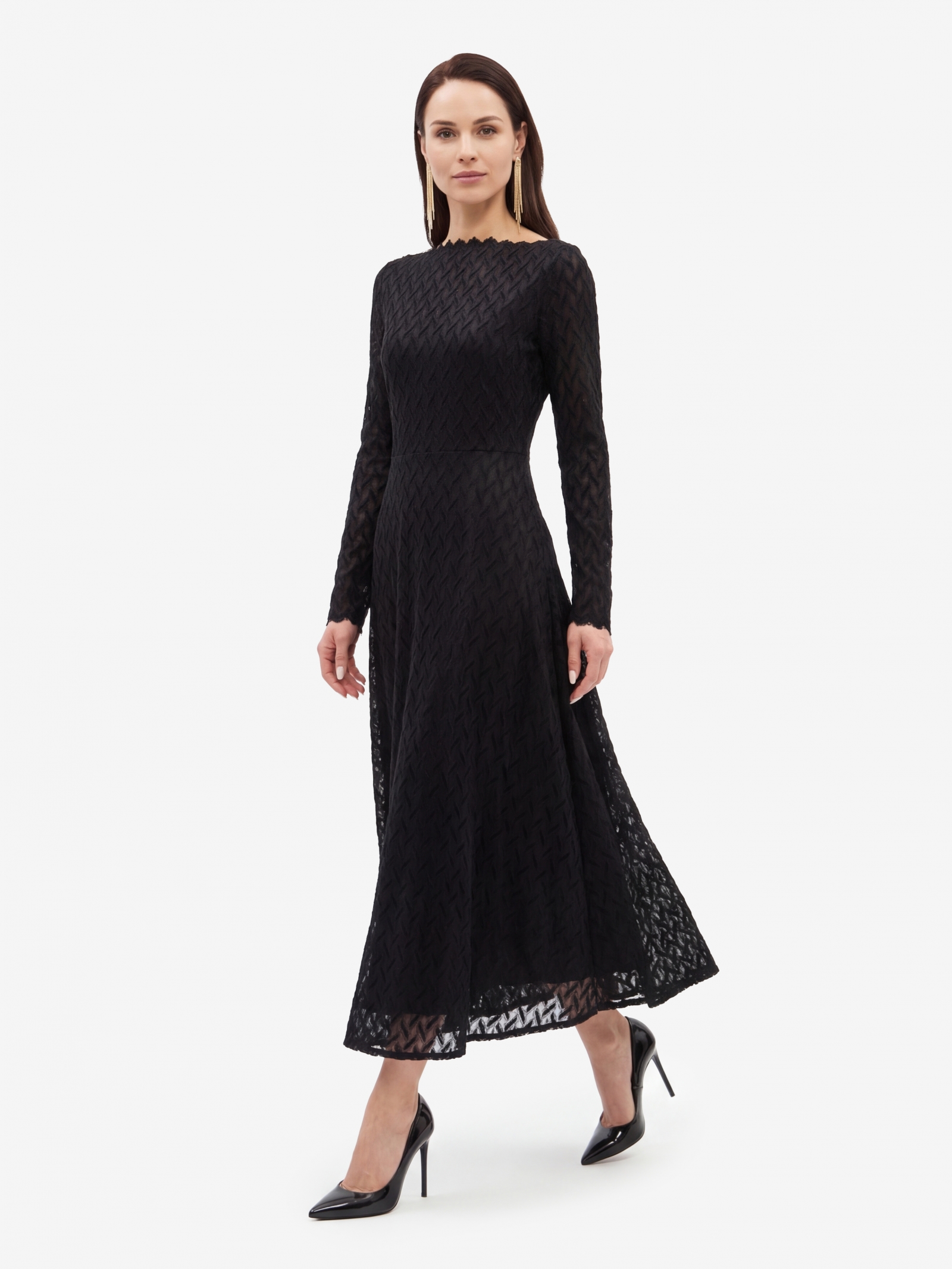 Платье из трикотажного кружева OD-904-3 черный с фестонами