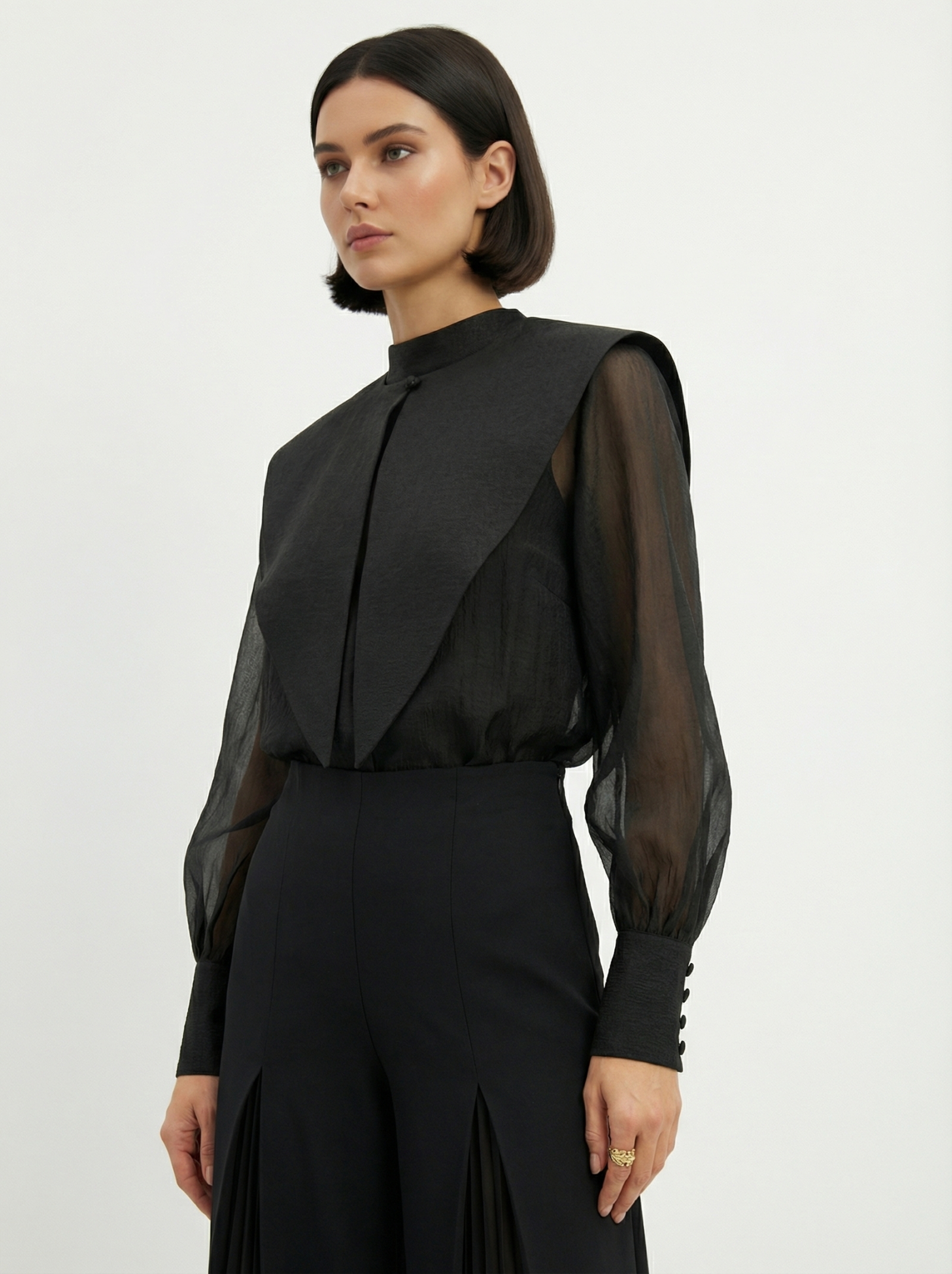 Блузка из органзы со съемным воротником OD-930-3 черный