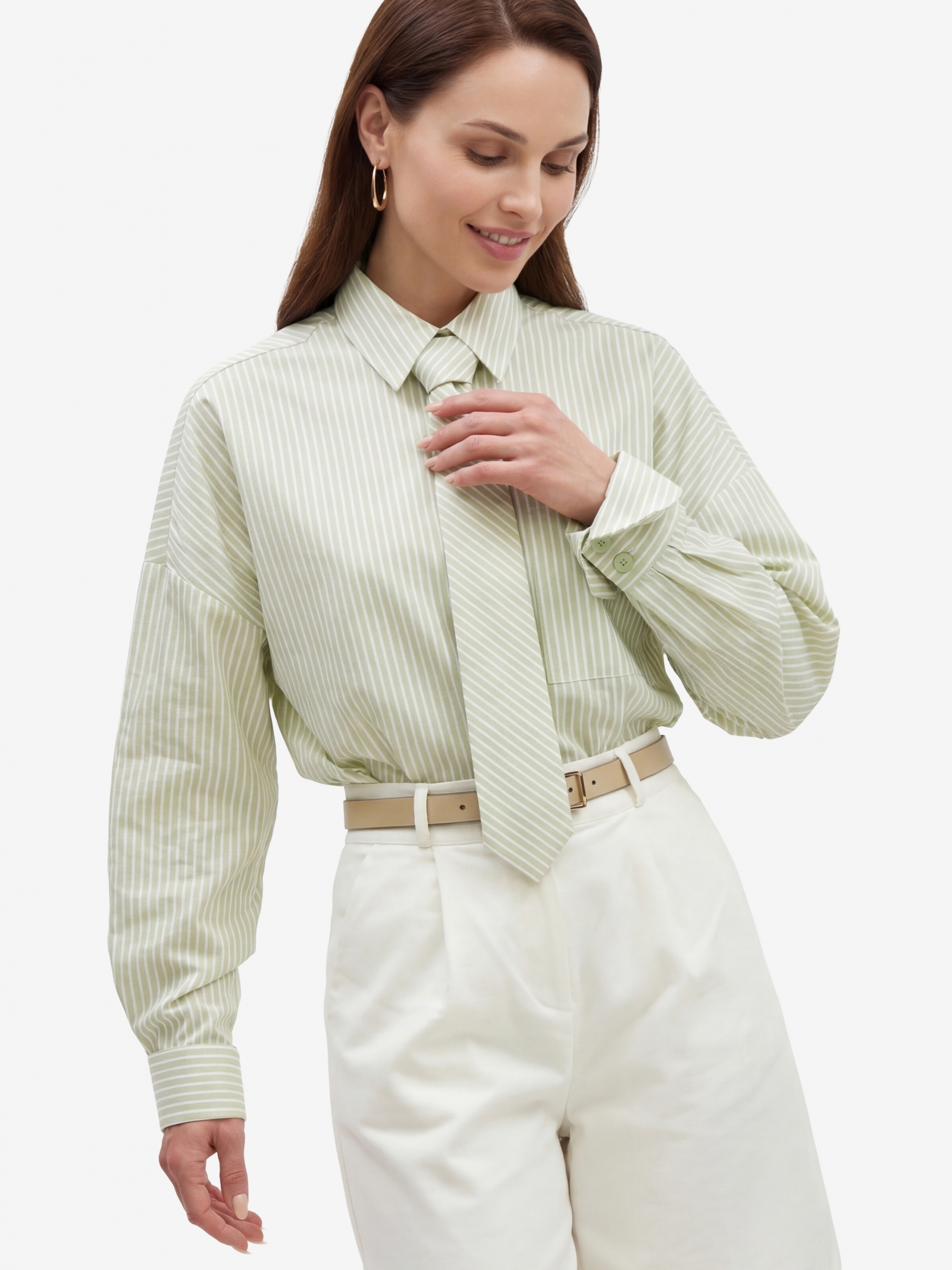 Рубашка из хлопка в полоску с галстуком OD-1031-1 зеленый