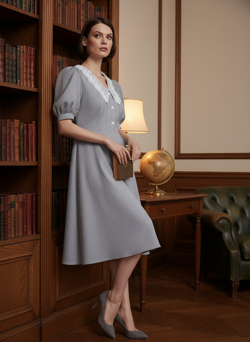 Платье с кружевным воротником  OD-888-2 св. серый