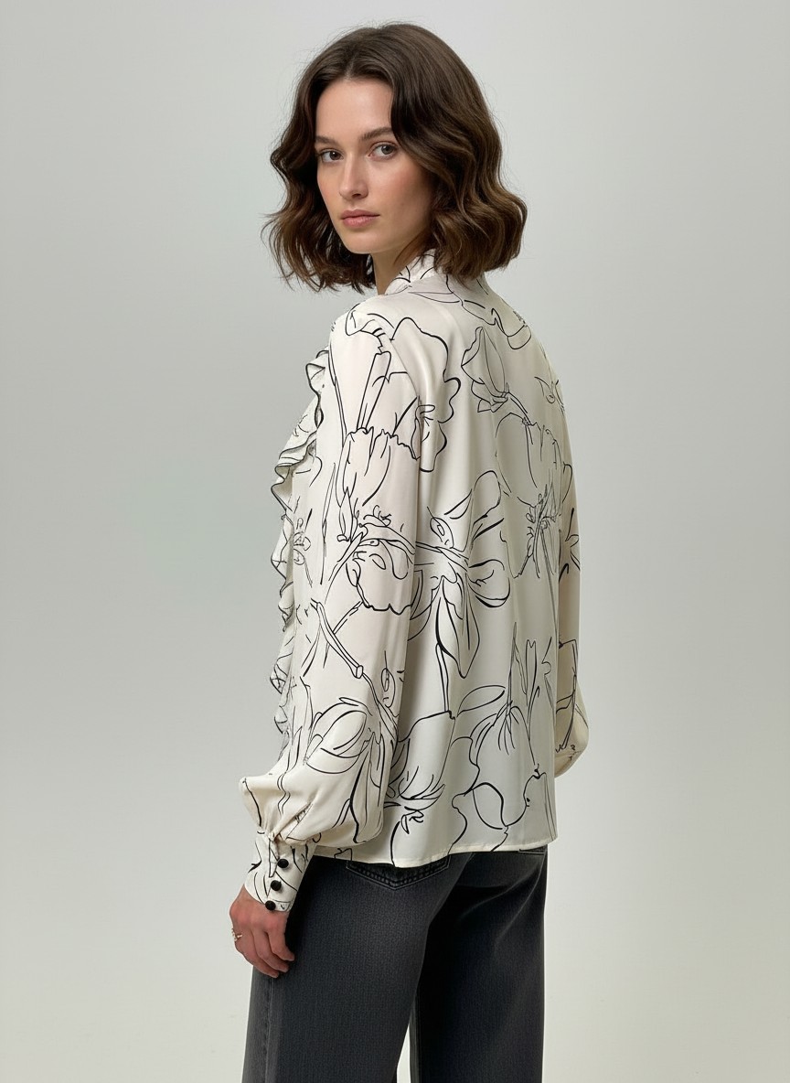 Блузка с отлетными рюшами OD-914-6 молочный с черным