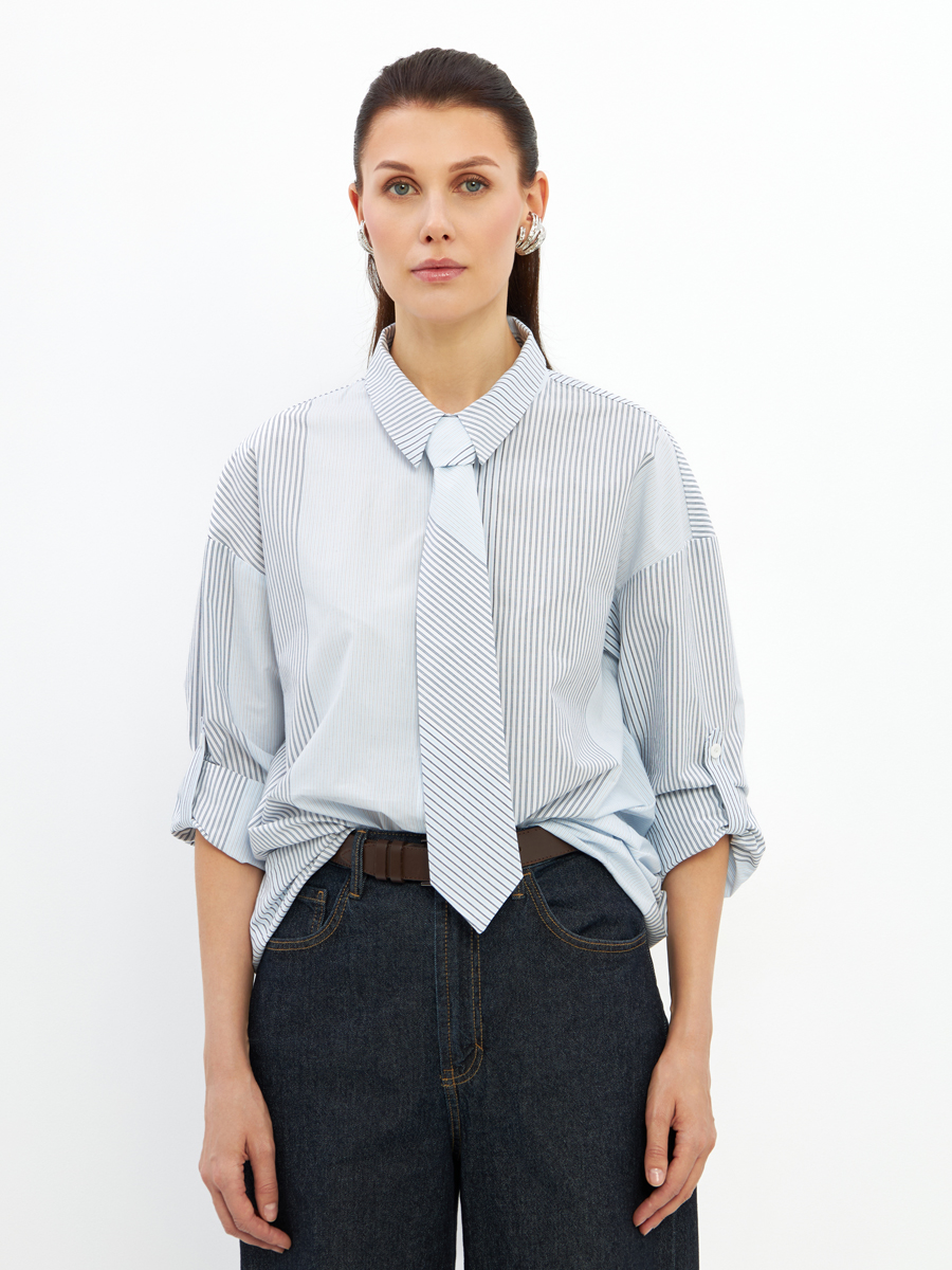 Рубашка полоса с галстуком OD-918-2 серо-голубая