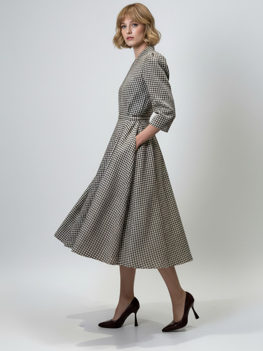Платье с воротником стойка  OD-885-2 клетка сливочно-коричневая