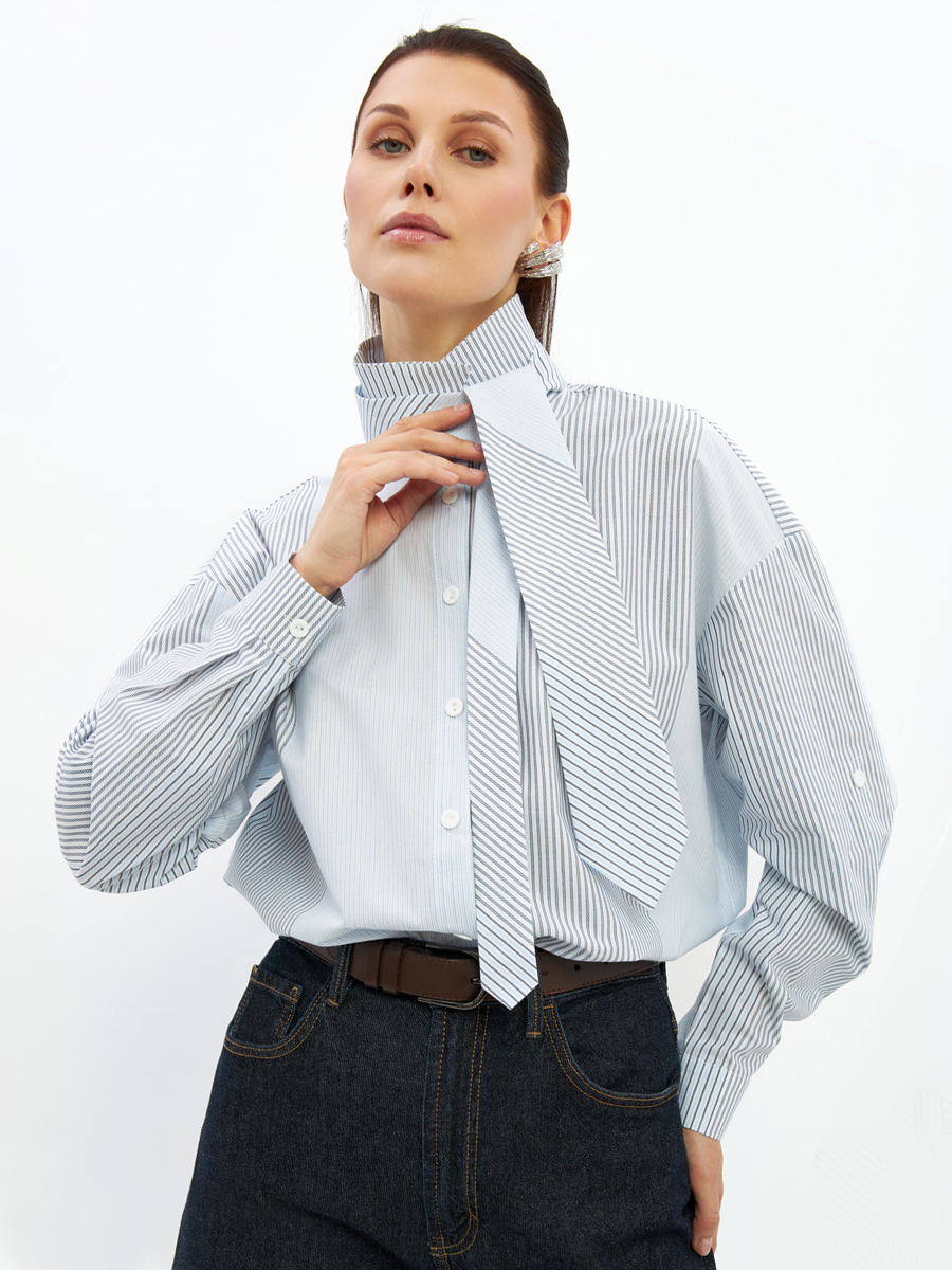 Рубашка полоса с галстуком OD-918-2 серо-голубая