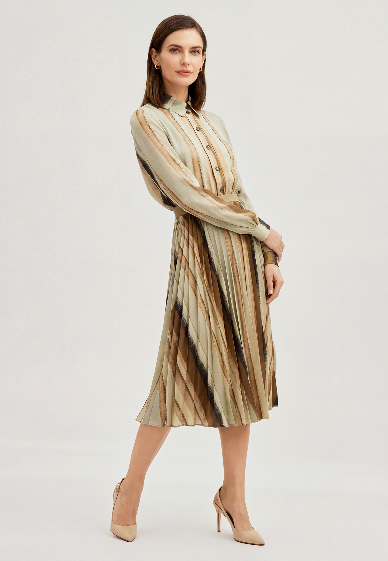 Платье с юбкой плиссе OD-883-2 коричневая с серой полосой