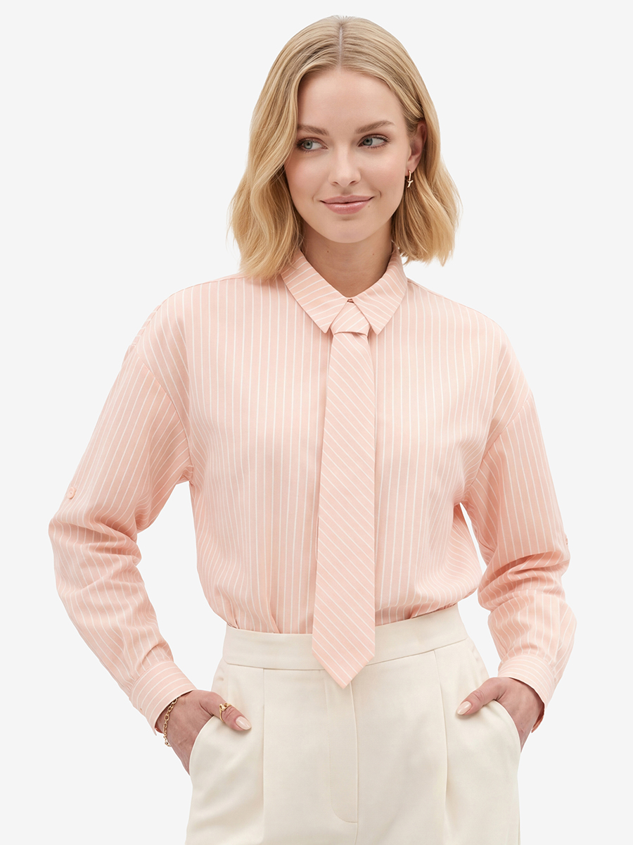 Рубашка в полоску с галстуком, персик