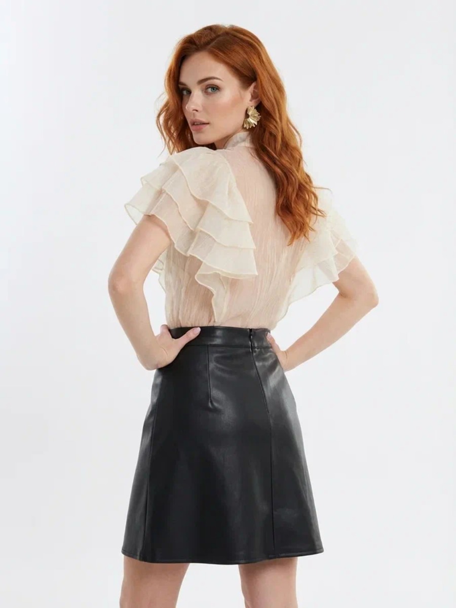 Юбка короткая из эко-кожи с молниями OD-1004-1, коричневый