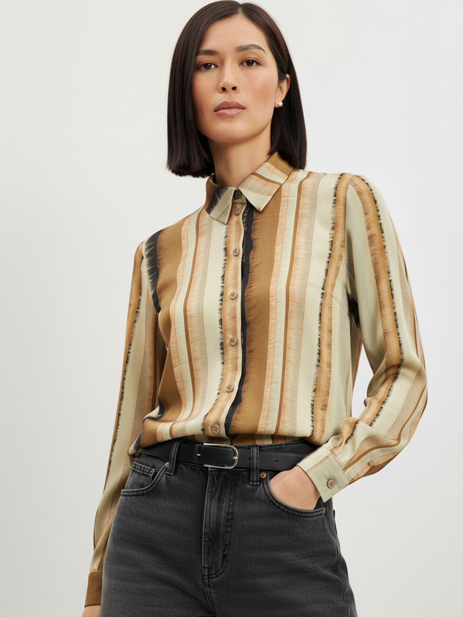 Блузка из атласной ткани OD-887-6 коричневый с серой полосой