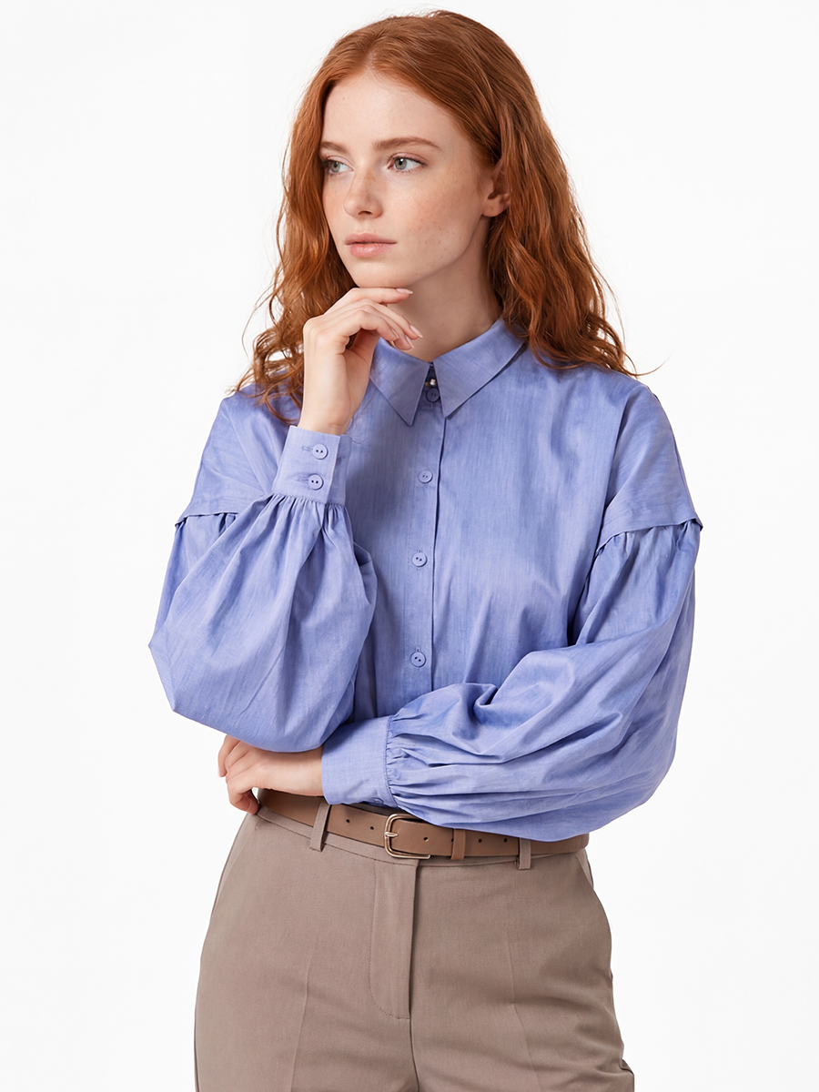 Рубашка с пышным рукавом OD-879-3 голубой джинс