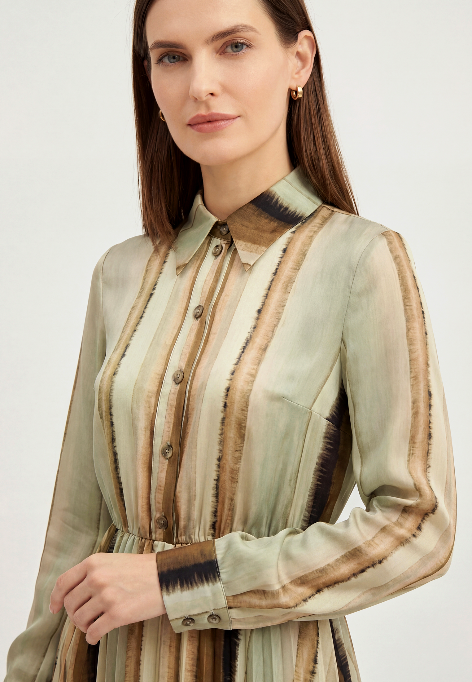 Платье с юбкой плиссе OD-883-2 коричневая с серой полосой