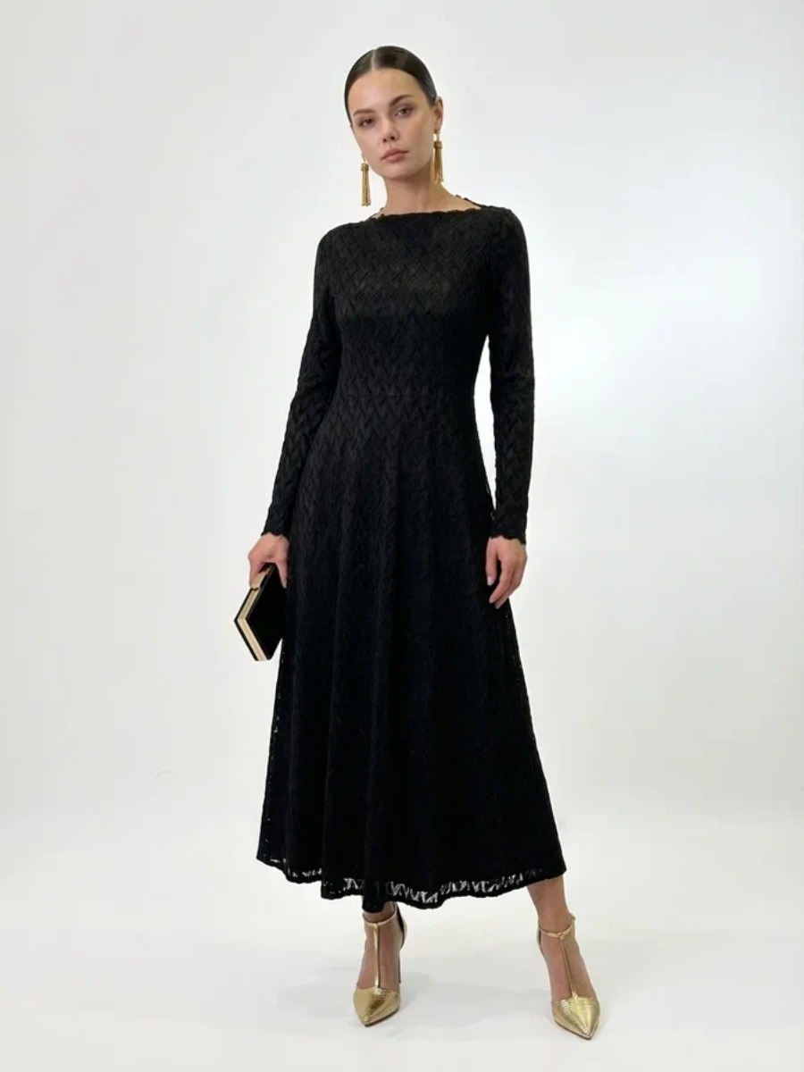 Платье из трикотажного кружева OD-904-3 черный с фестонами