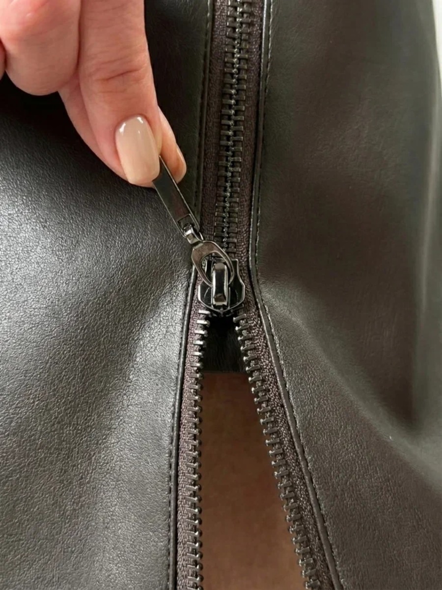 Юбка короткая из эко-кожи с молниями OD-1004-1, коричневый