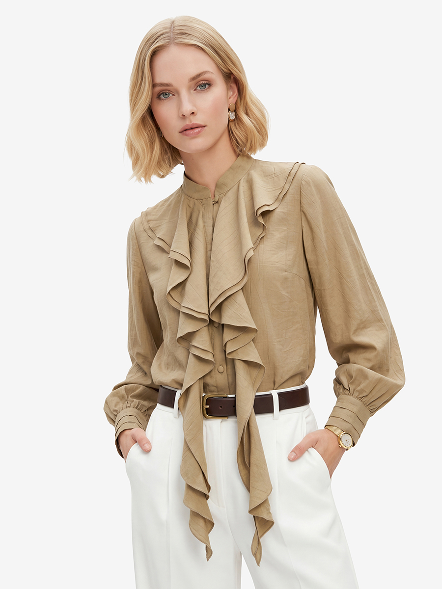 Блузкас отлетными рюшами OD-914-2 хаки