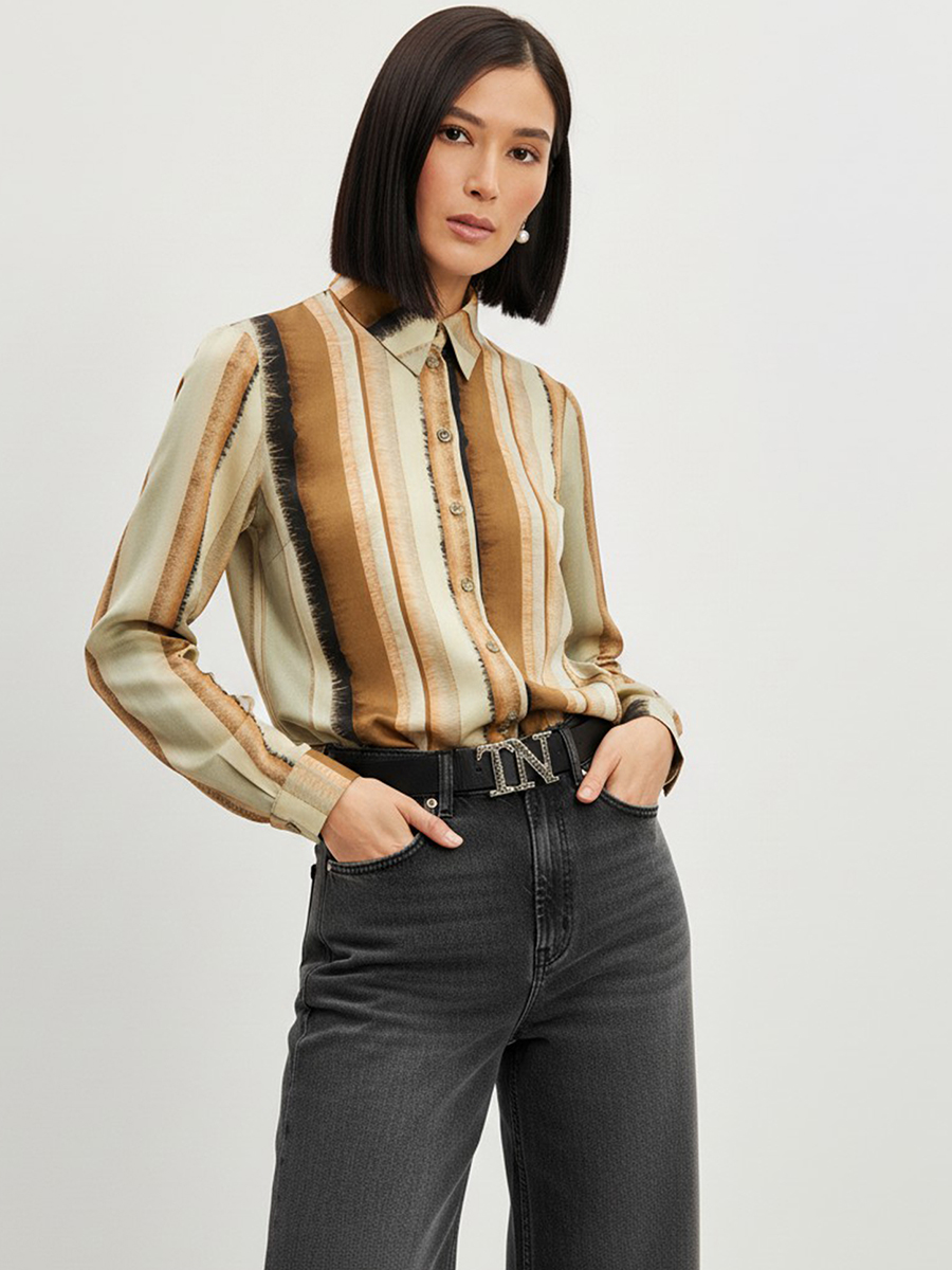 Блузка из атласной ткани OD-887-6 коричневый с серой полосой