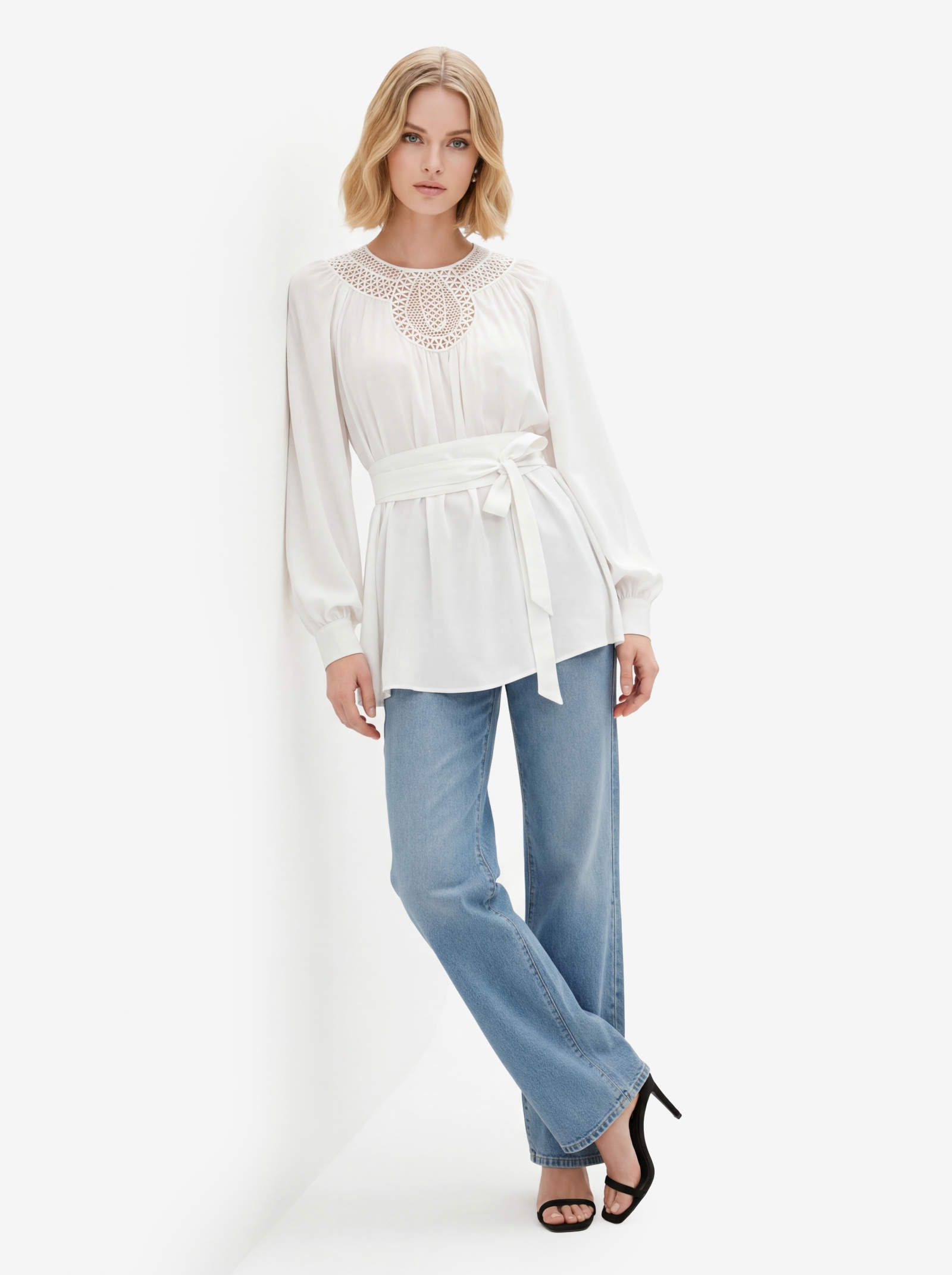 Блузка с кружевной вставкой и поясом-кушаком OD-1028-1 белый