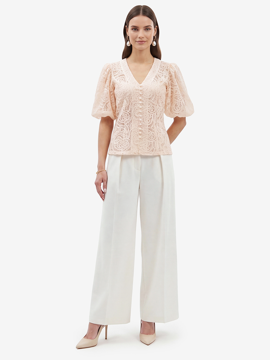 Блузка кружевная приталенная с объемным рукавом, лосось OD-1038-3