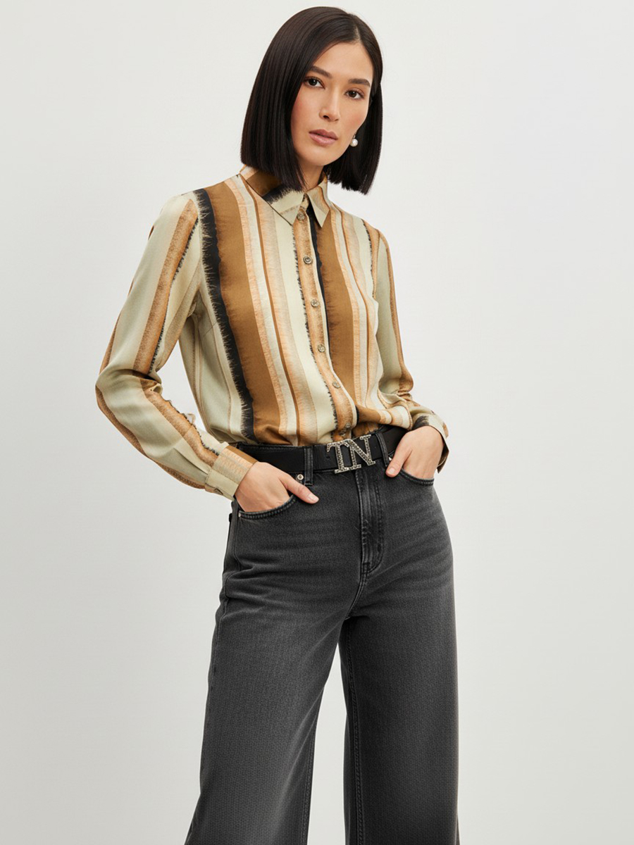 Блузка из атласной ткани OD-887-6 коричневый с серой полосой