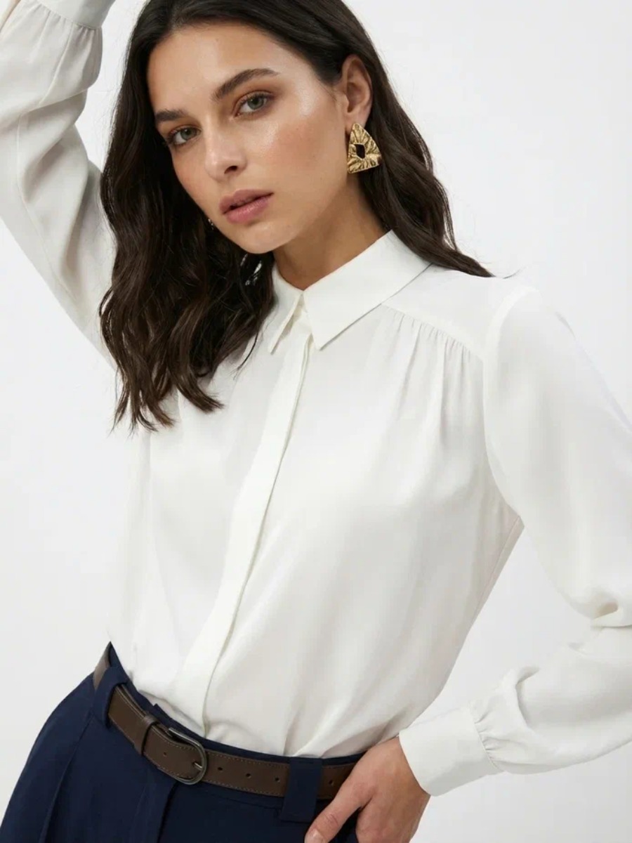 Блузка со сборкой и съемной пуговицей OD-971-1 белая