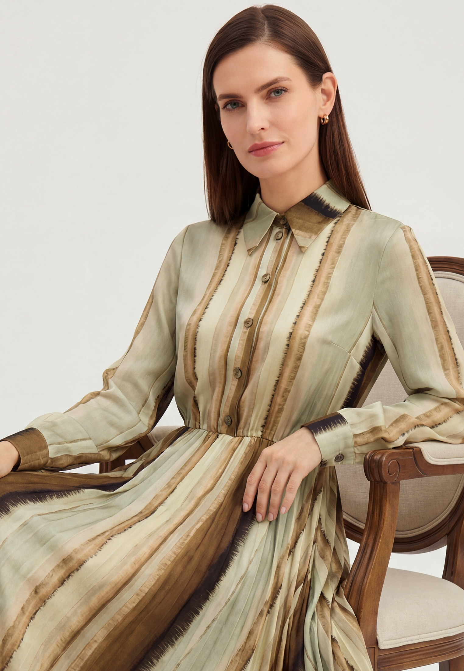 Платье с юбкой плиссе OD-883-2 коричневая с серой полосой